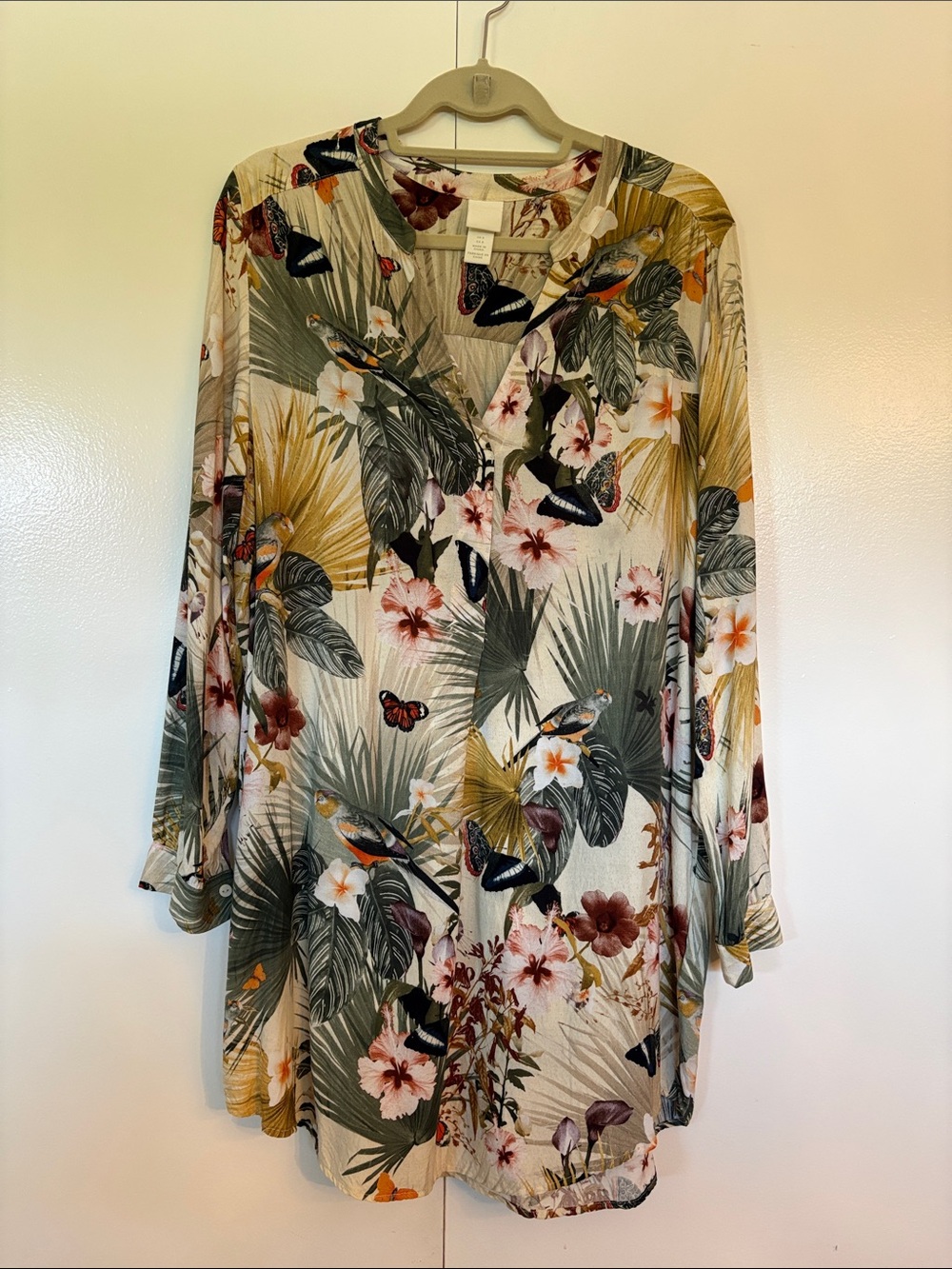 Tropical Floral Long-Sleeve Women's Dress - Cream Green H&M 8